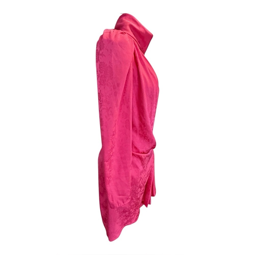 🌷Ronny Kobo Hot Pink Floral Jacquard Draped Mini Dress Turtleneck Long Sleeve M - Picture 2 of 13